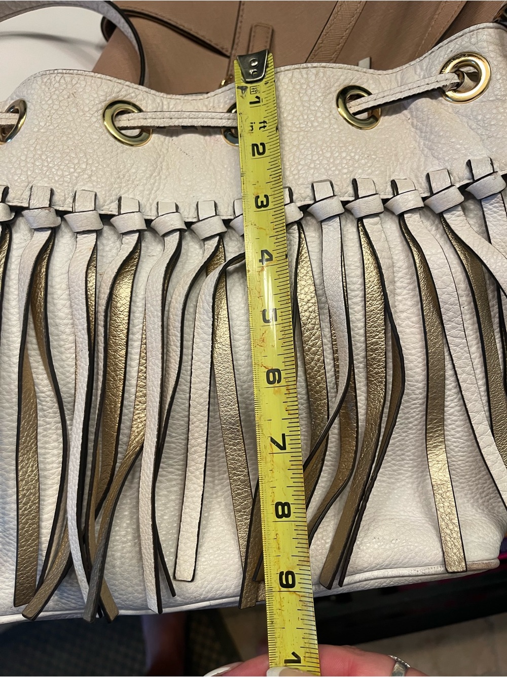 Michael Kors Cream and Brown Leather Fringe Drawstring Shoulder Bag - Picture 5 of 9